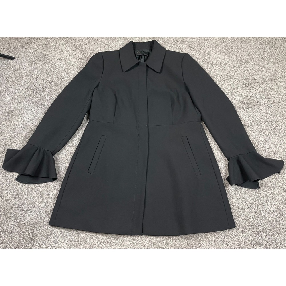 Zara Basic Coat Womens Large Black Snap Down Bell Flutter Dark Academia Jacket